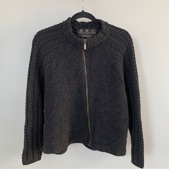 Barbour Cable Sport Dark Gray 100% Wool Zulu Zip Sweater Size 16 - Picture 1 of 7